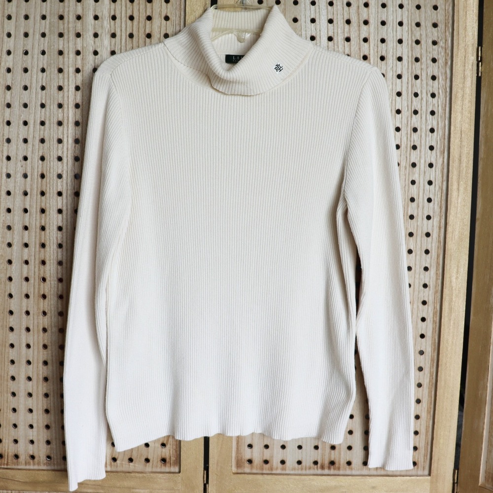 Ralph Lauren Ivory White Ribbed Cotton Turtleneck Logo Sweater Womens Size L